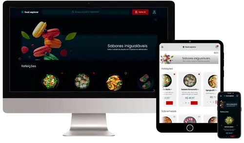 Web site sendo mostrado em diversos dispositivos: Monitor, tablet e celular.